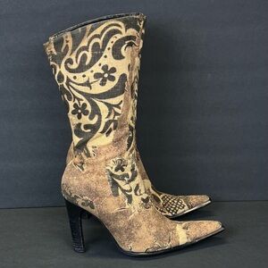 Vintage Wild Orchid Elegant Floral Patterned Heeled Boots Size 8.5 Black and Tan